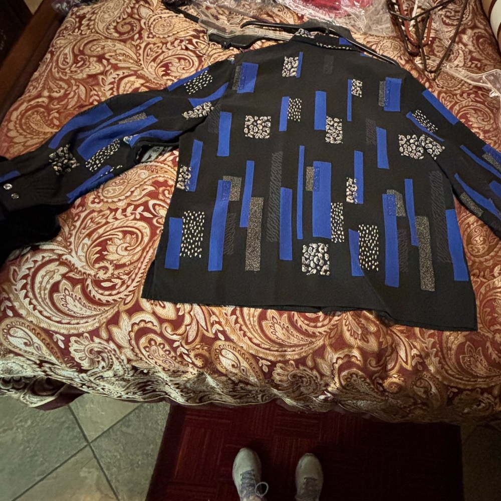 Allison Daley Black Jacket with Royal Blue Geometric Accents